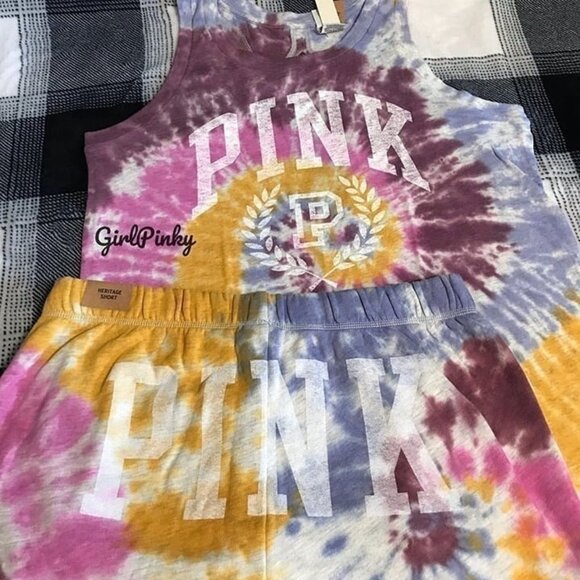 victoria secrets PINK shorts outfit IN TIE DYE & MATCHING LOGO TANK SIZE LARGE - Picture 3 of 7